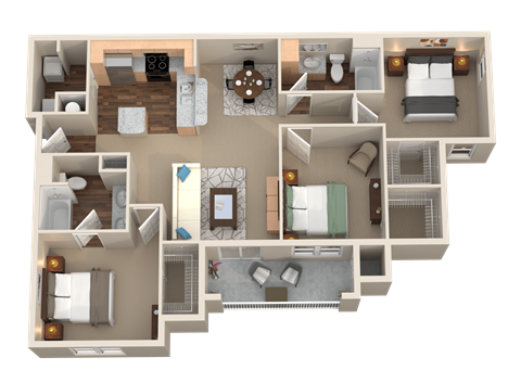 3 Bed 2 Bath 3D Floor Plan at Plantation Crossing, Lafayette, LA
